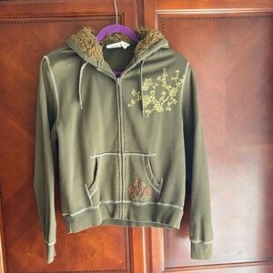 Ron Jon Olive Green Zip-Up Hoodie with Faux Fur Hood and Yellow Floral Print